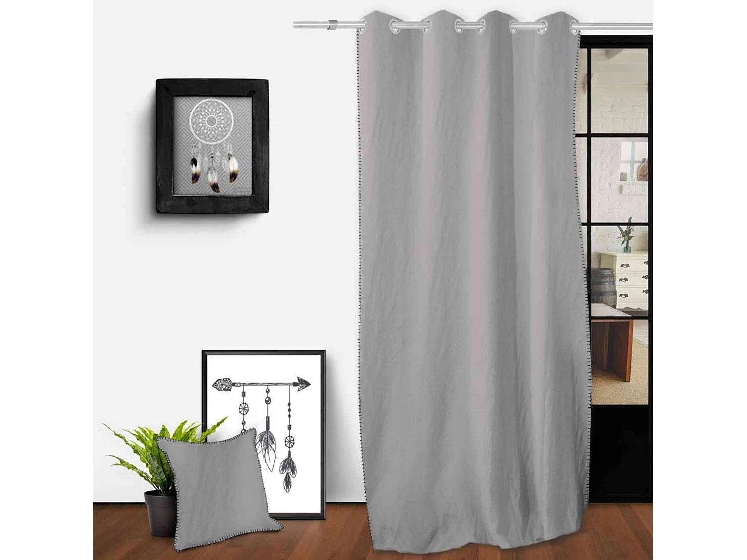 Cortina con ojales en algodón lavado 135x250 cm SPIRIT gris