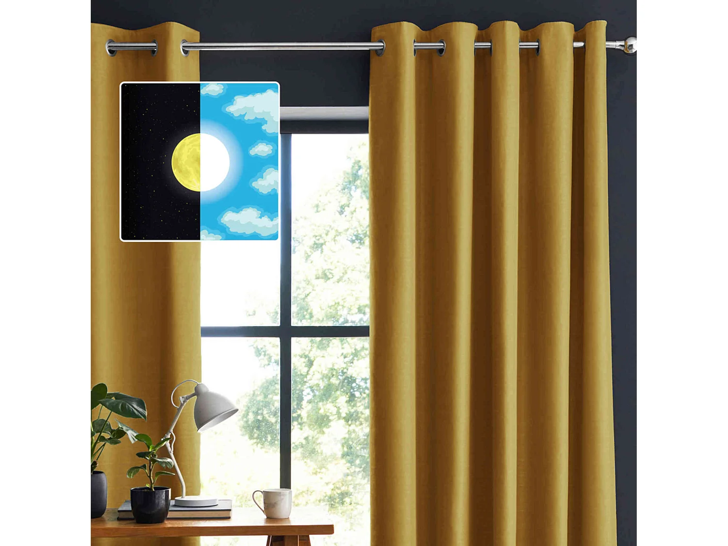 Lot de 2 rideaux occultants à œillets jaune moutarde 140x280