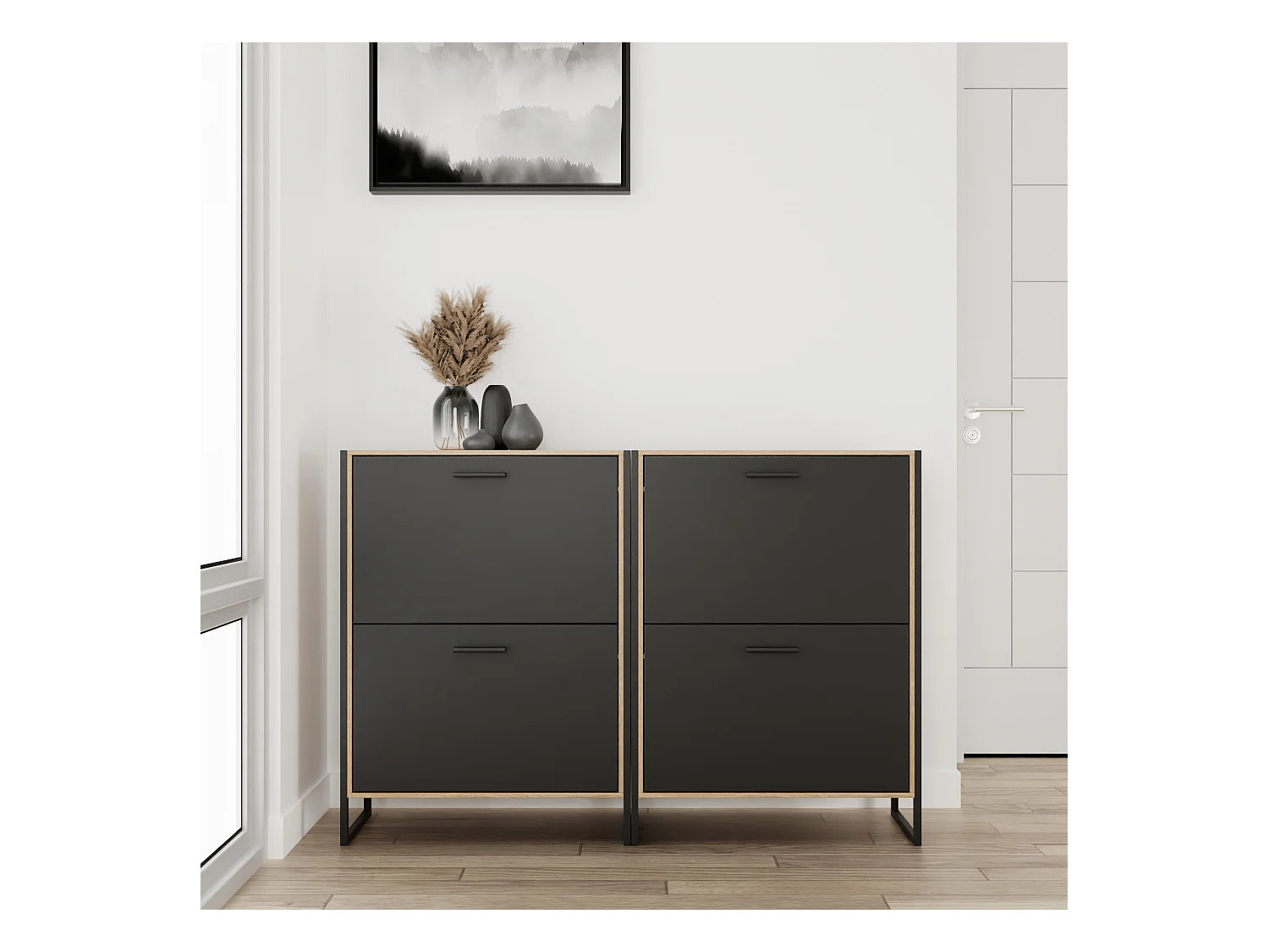 CASABEL Meuble A Chaussure Industriel 12 Paires, Pour Entrée, Couloir - Noir Bois Clair