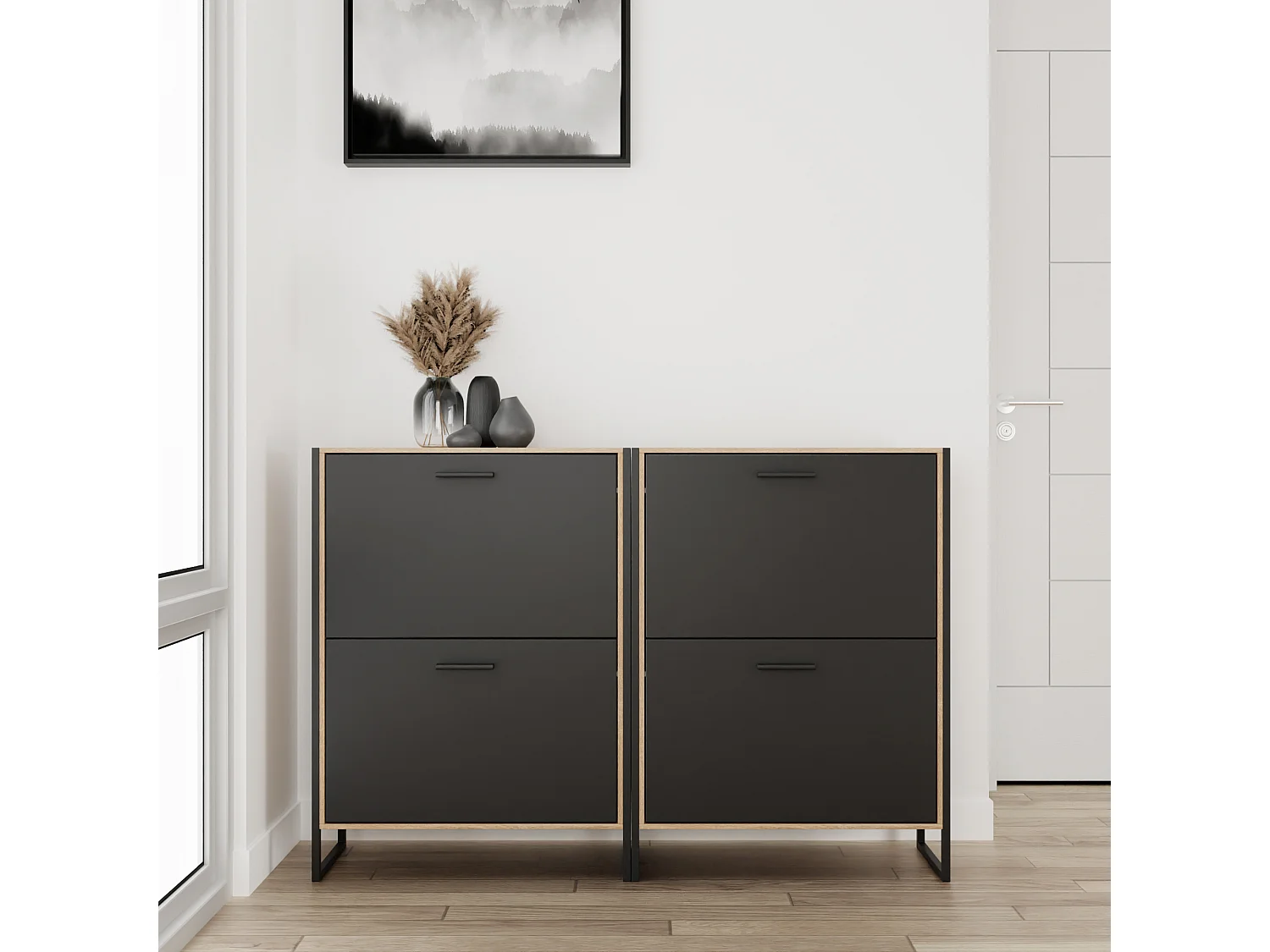 CASABEL Meuble A Chaussure Industriel 12 Paires, Pour Entrée, Couloir - Noir Bois Clair