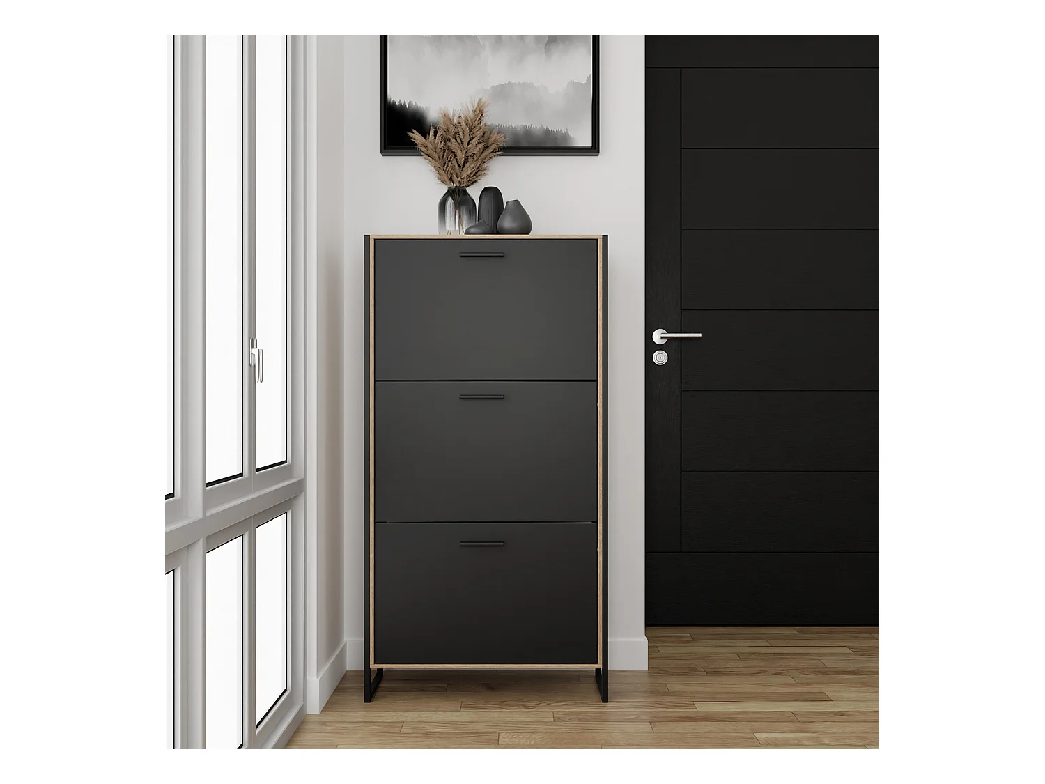 CASABEL Meuble A Chaussure Industriel 18 Paires, Pour Entrée, Couloir - Noir Bois Clair