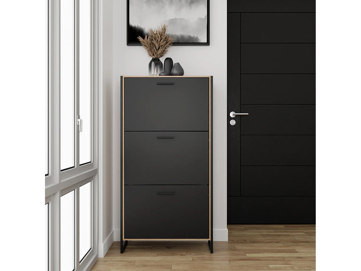 CASABEL Meuble A Chaussure Industriel 18 Paires, Pour Entrée, Couloir - Noir Bois Clair