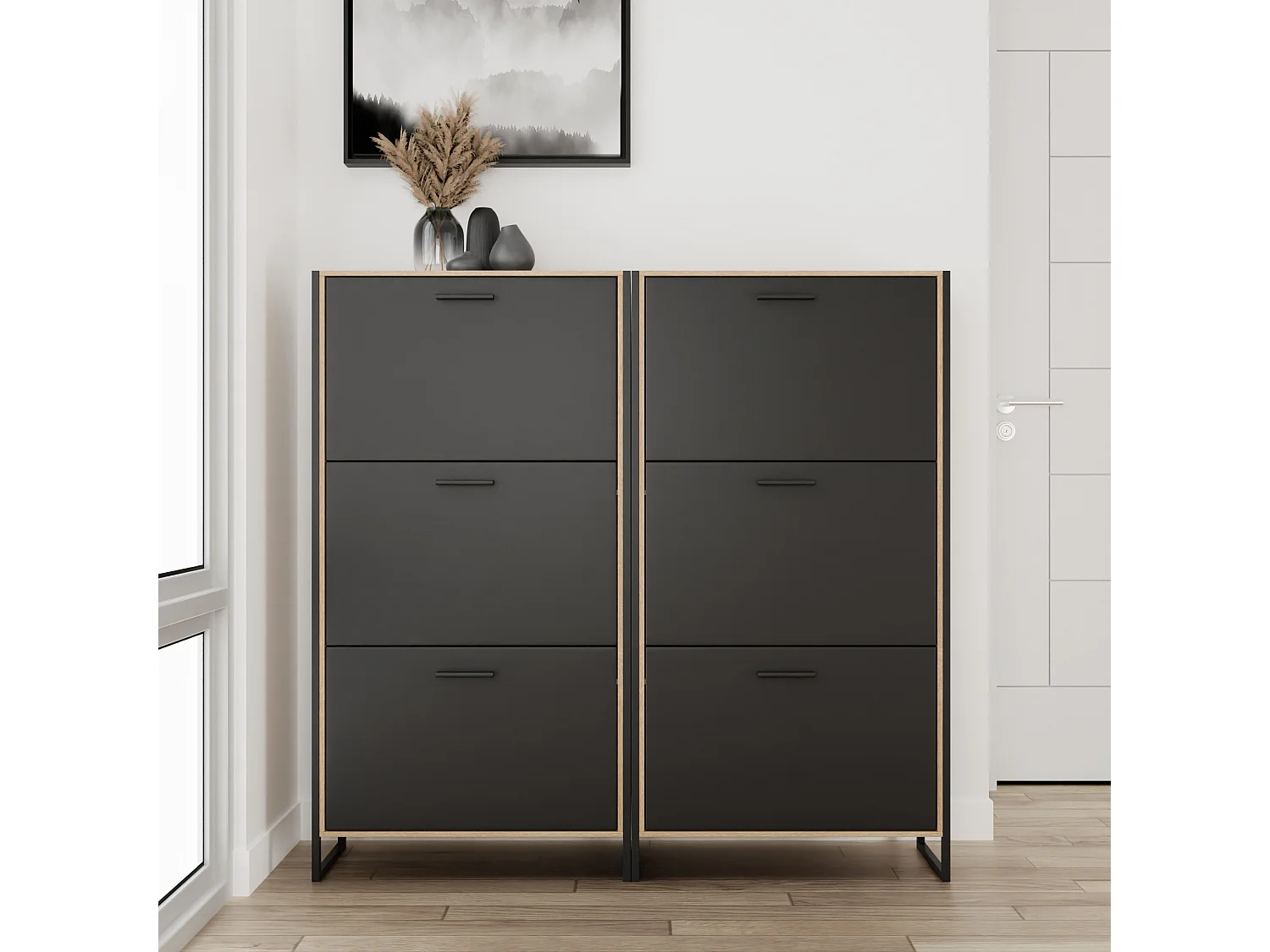 CASABEL Meuble A Chaussure Industriel 18 Paires, Pour Entrée, Couloir - Noir Bois Clair