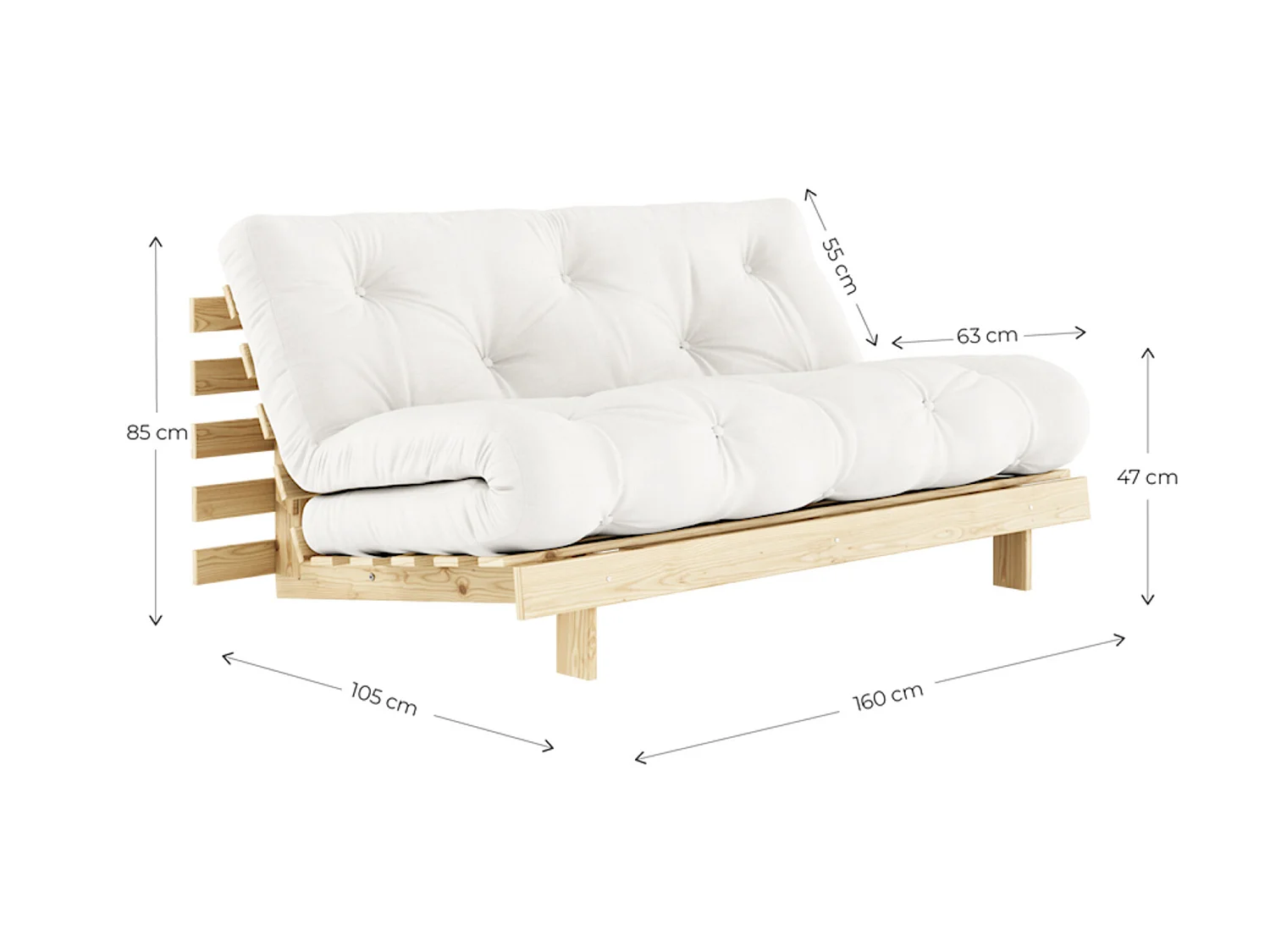 Canapé convertible ROOTS en pin massif foncé et matelas futon marron 160x200