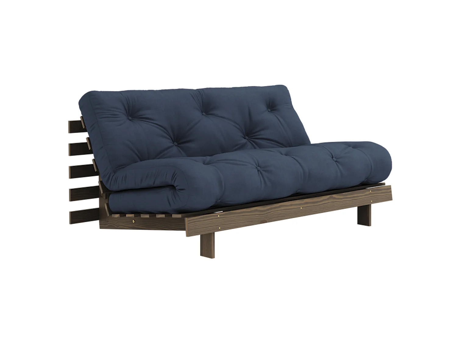 Canapé convertible ROOTS en pin massif foncé et matelas futon bleu 160x200