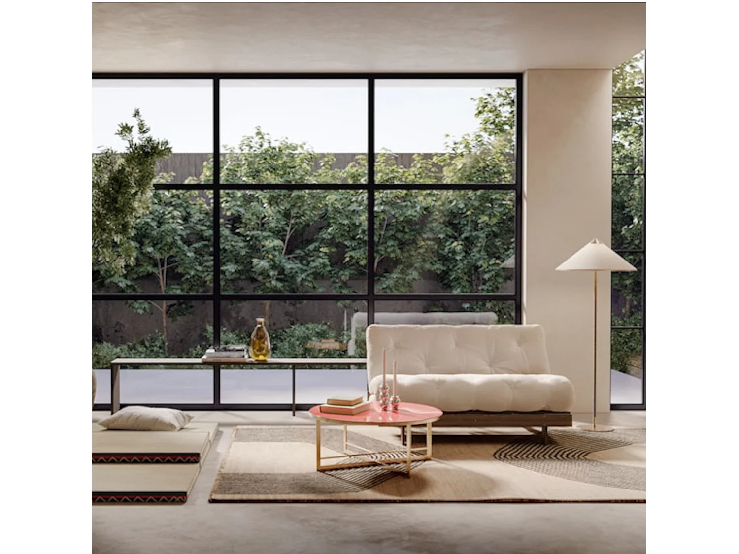 Canapé convertible ROOTS en pin massif foncé et matelas futon bleu 160x200