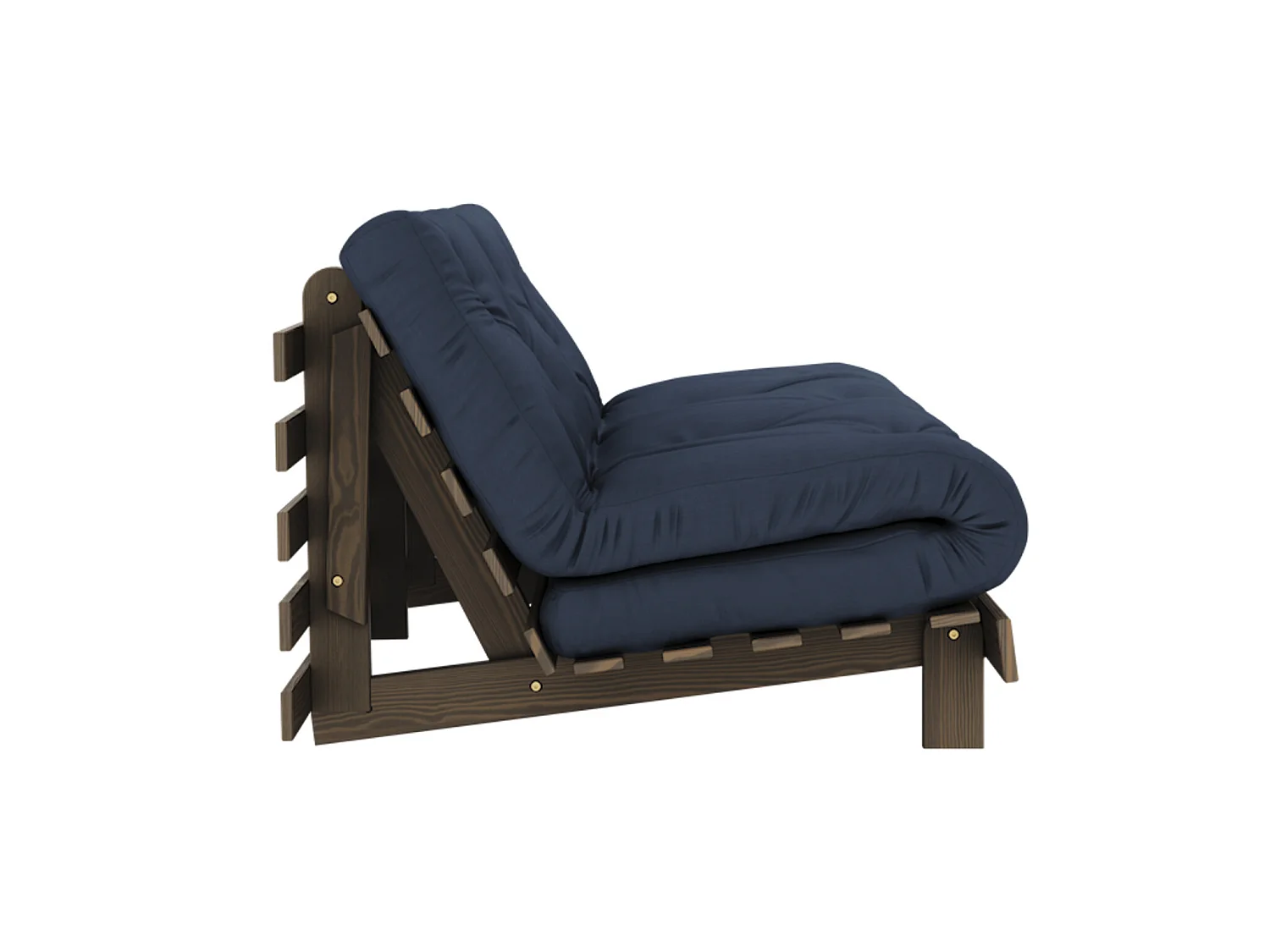 Canapé convertible ROOTS en pin massif foncé et matelas futon bleu 160x200