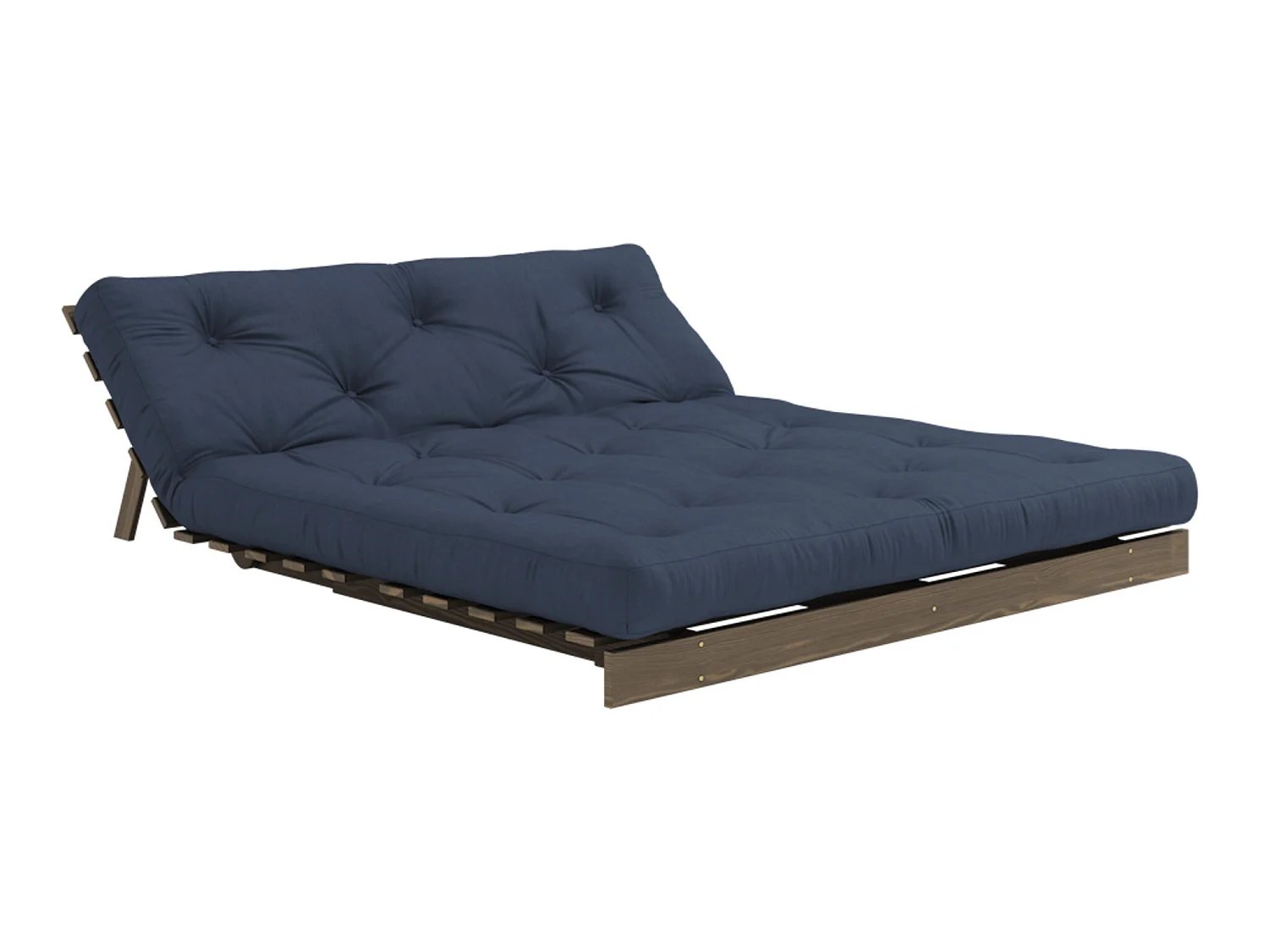 Canapé convertible ROOTS en pin massif foncé et matelas futon bleu 160x200