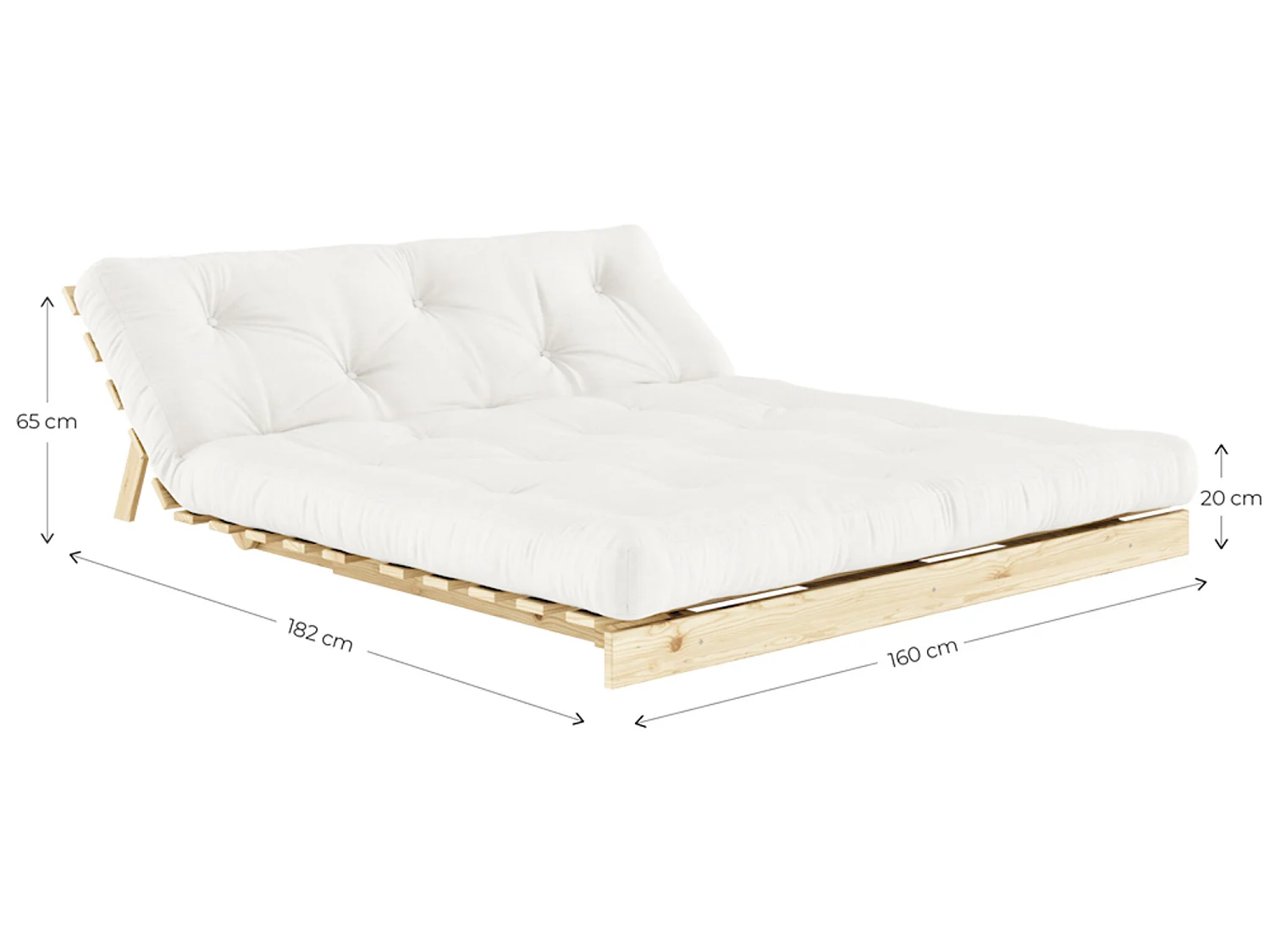 Canapé convertible ROOTS en pin massif foncé et matelas futon bleu 160x200