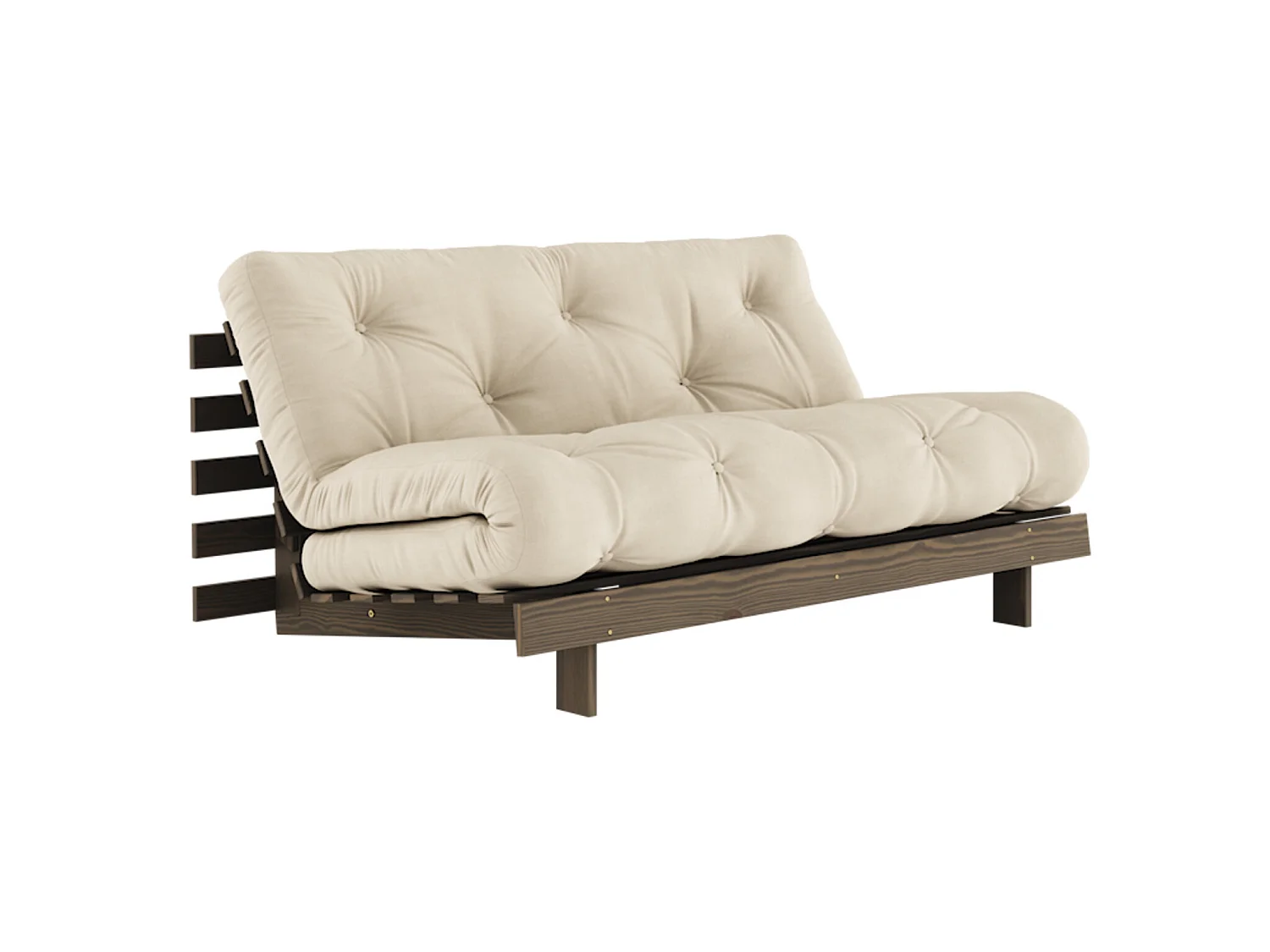 Canapé convertible ROOTS en pin massif foncé et matelas futon beige 160x200