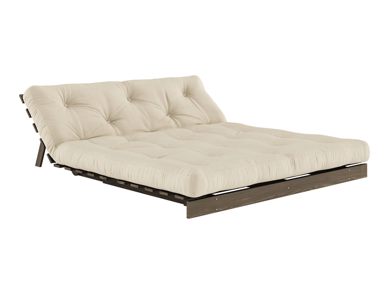 Canapé convertible ROOTS en pin massif foncé et matelas futon beige 160x200