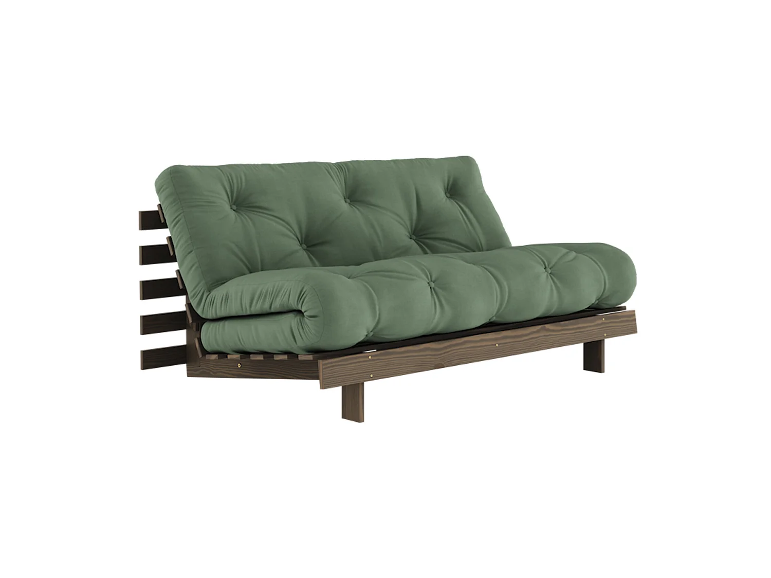 Canapé convertible ROOTS en pin massif foncé et matelas futon kaki 160x200