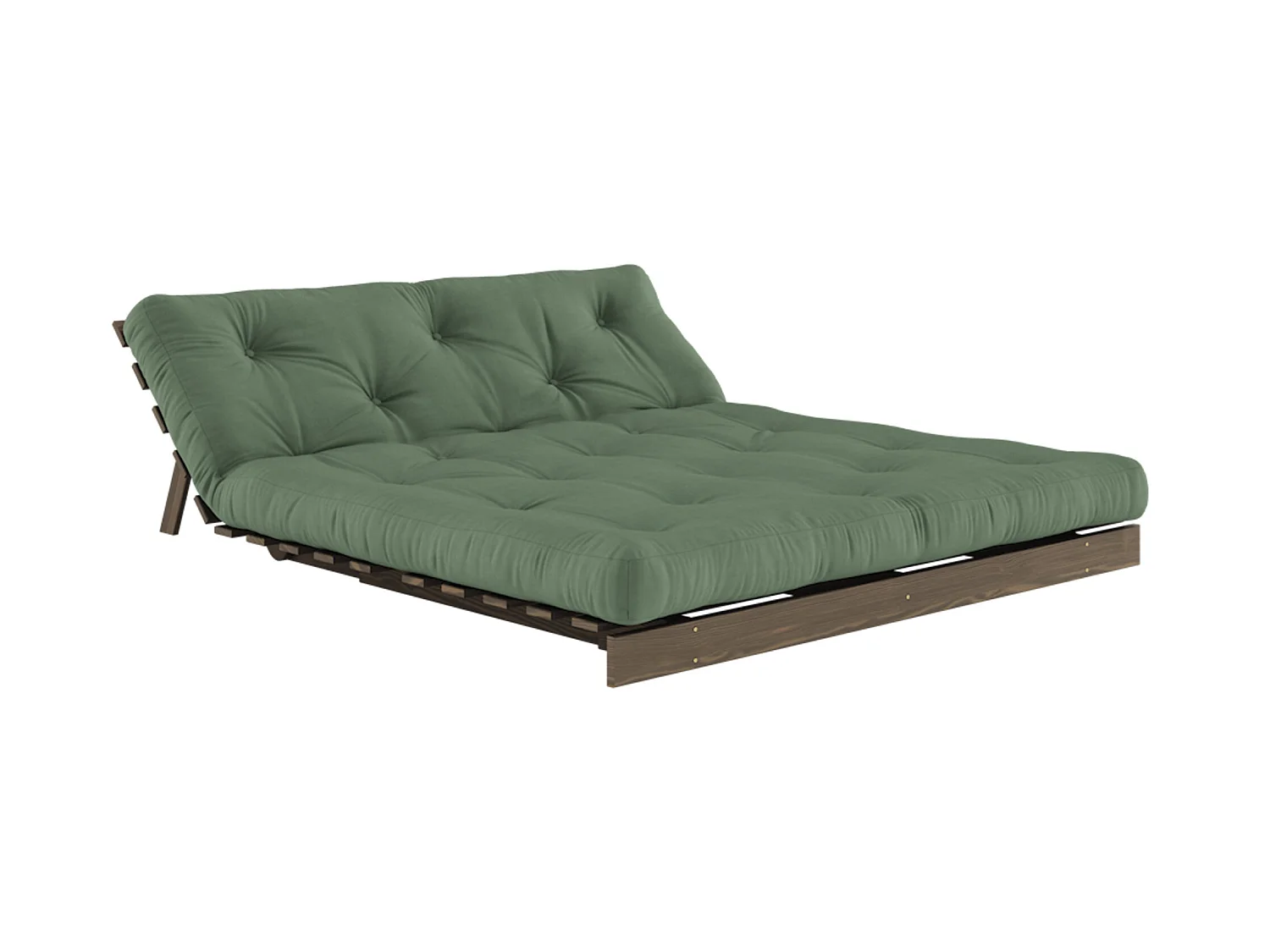Canapé convertible ROOTS en pin massif foncé et matelas futon kaki 160x200