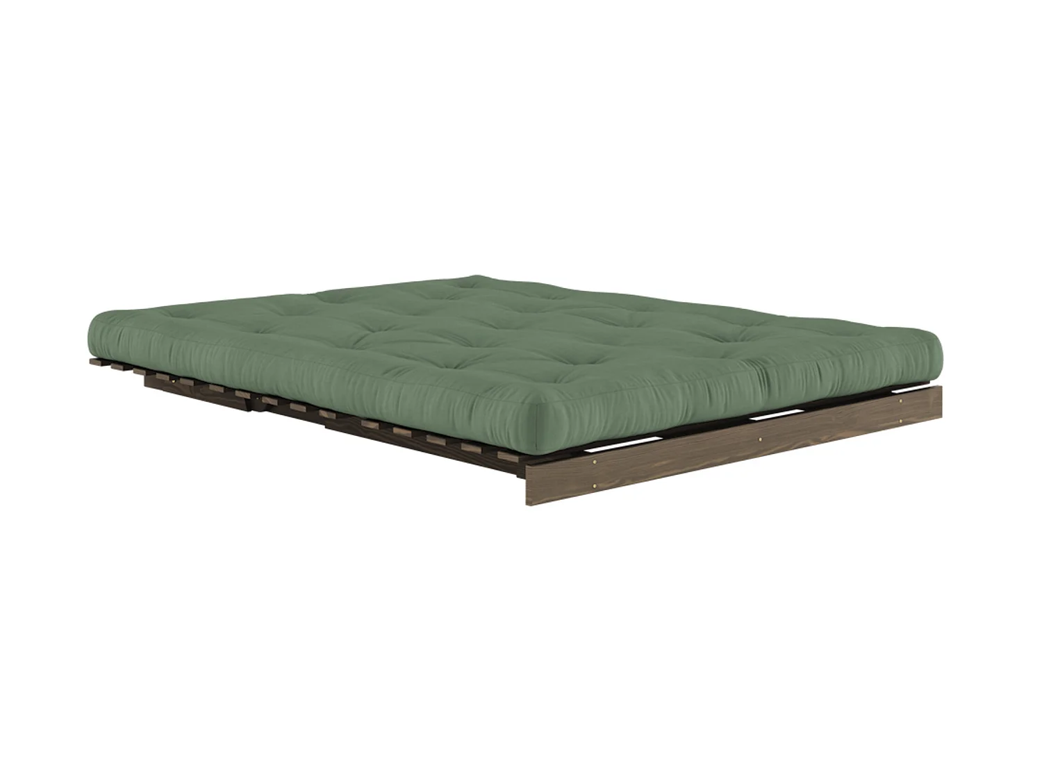 Canapé convertible ROOTS en pin massif foncé et matelas futon kaki 160x200