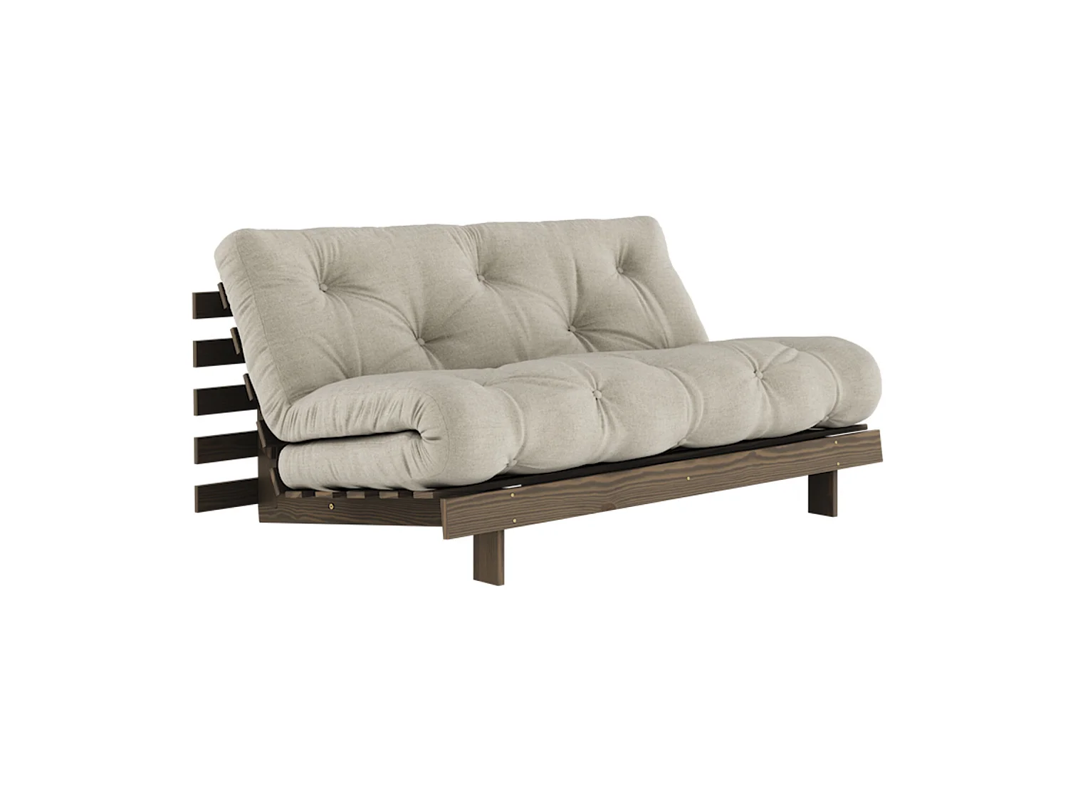 Canapé convertible ROOTS en pin massif foncé et matelas futon lin 160x200