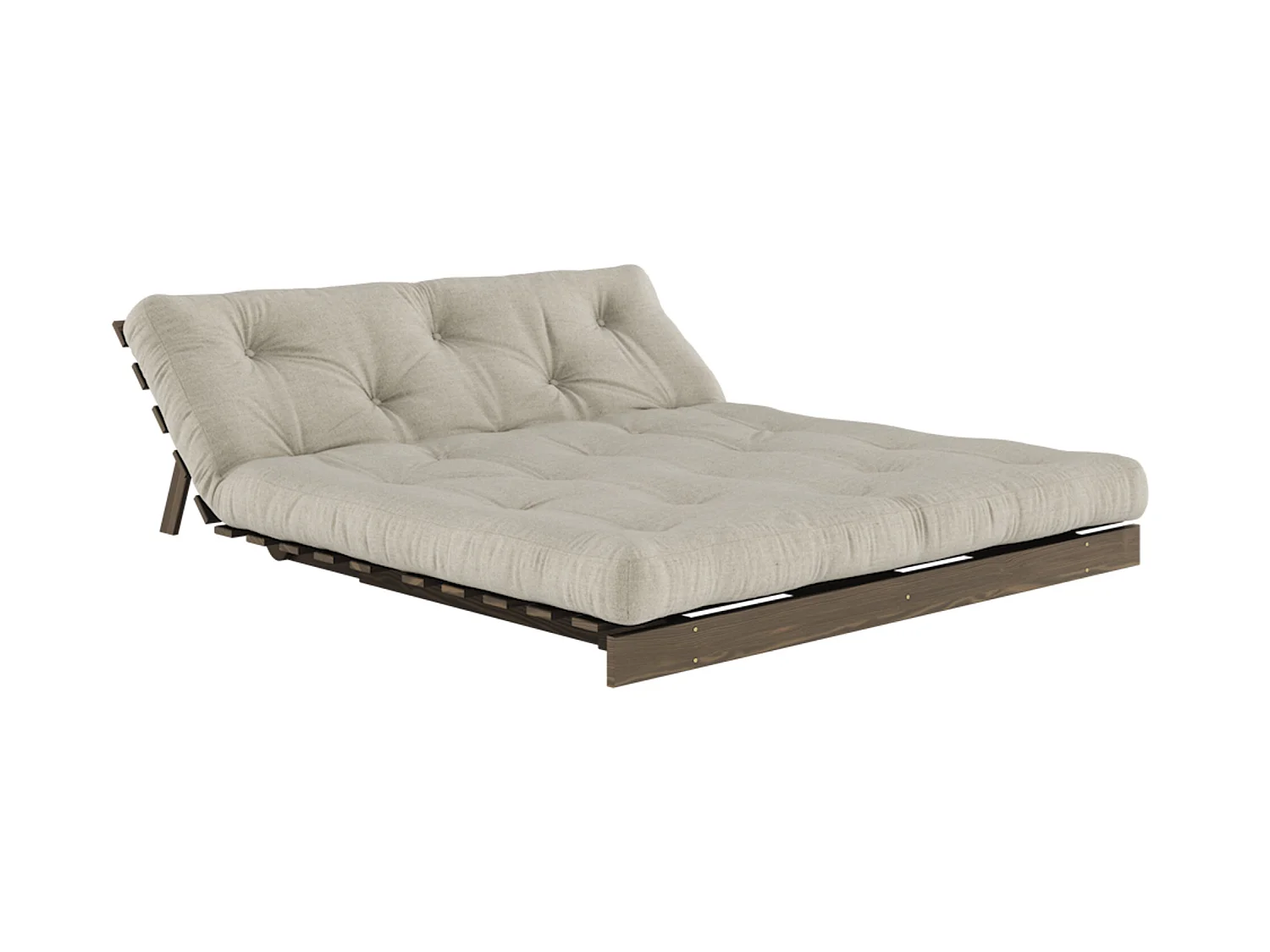 Canapé convertible ROOTS en pin massif foncé et matelas futon lin 160x200