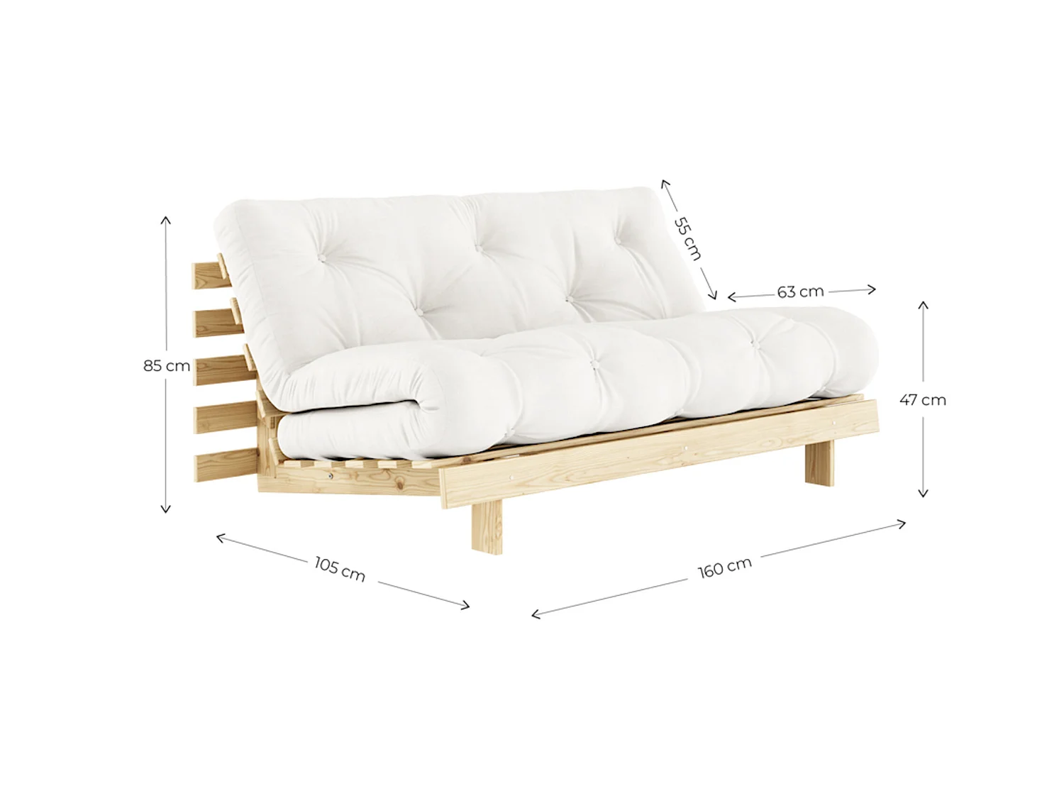 Canapé convertible ROOTS en pin massif foncé et matelas futon lin 160x200