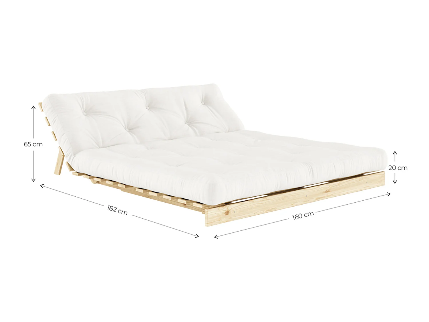 Canapé convertible ROOTS en pin massif foncé et matelas futon lin 160x200