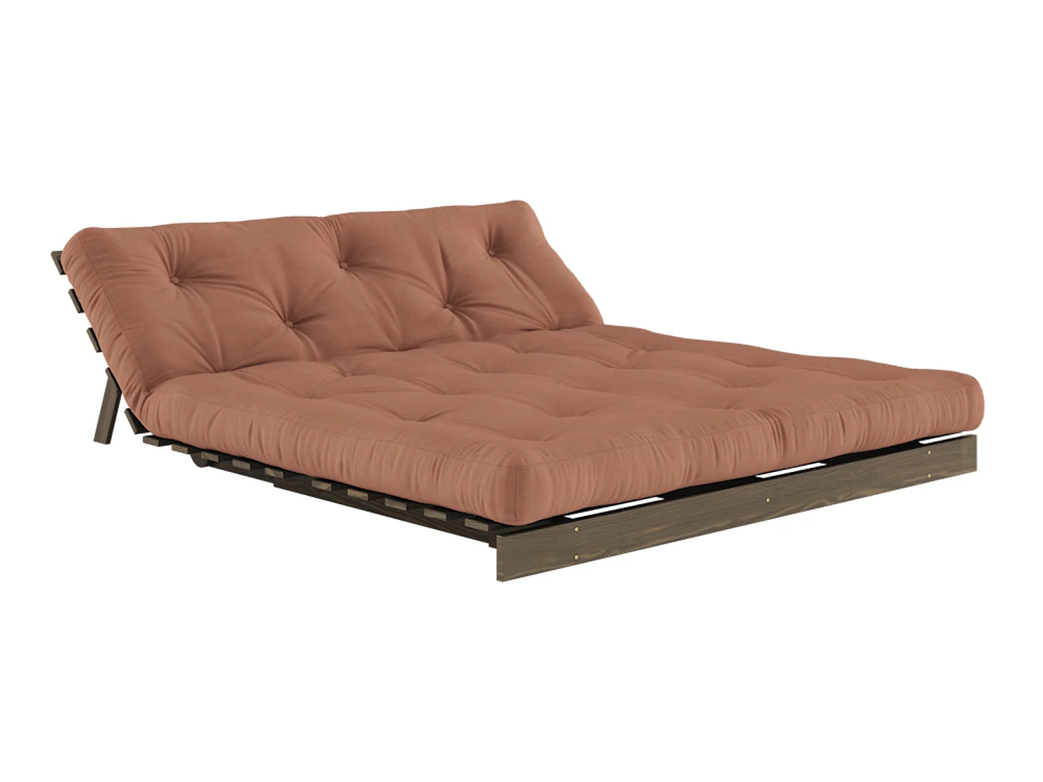 Canapé convertible ROOTS en pin massif foncé et matelas futon marron noisette 160x200