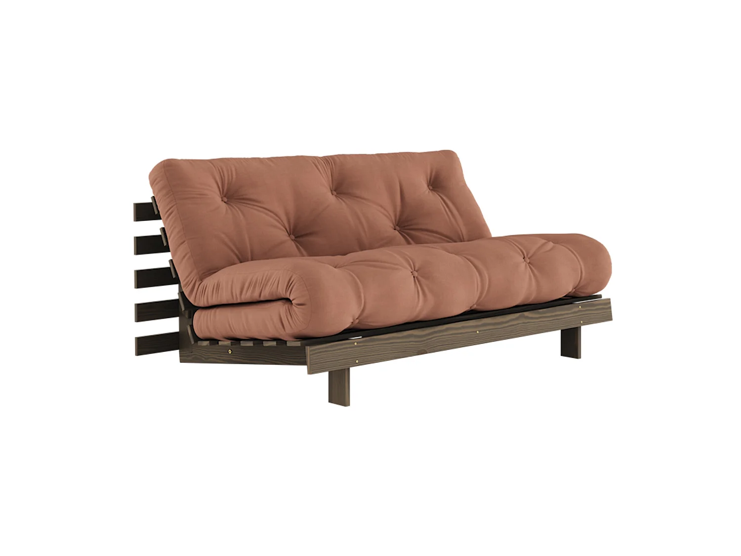 Canapé convertible ROOTS en pin massif foncé et matelas futon marron noisette 160x200