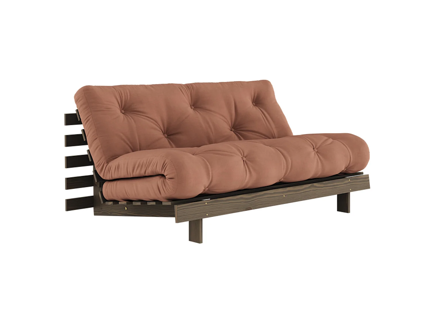 Canapé convertible ROOTS en pin massif foncé et matelas futon marron noisette 160x200