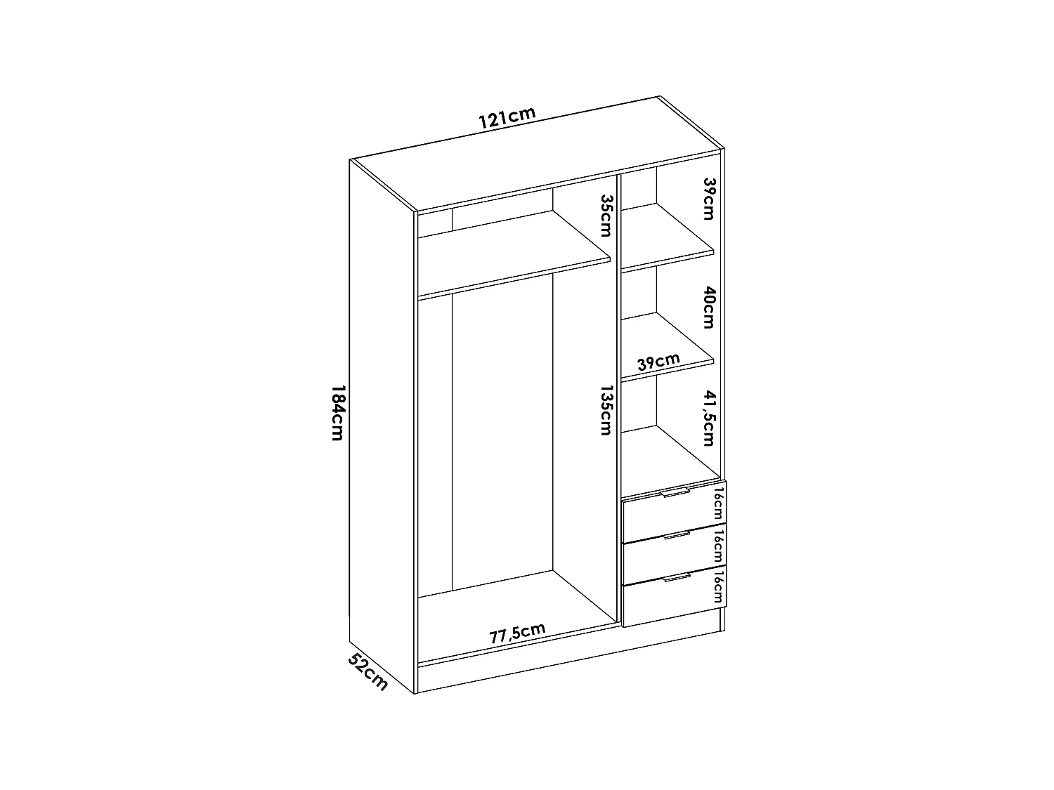Roupeiro 5 portas e 3 gavetas C202 cm branco - LISTOWEL