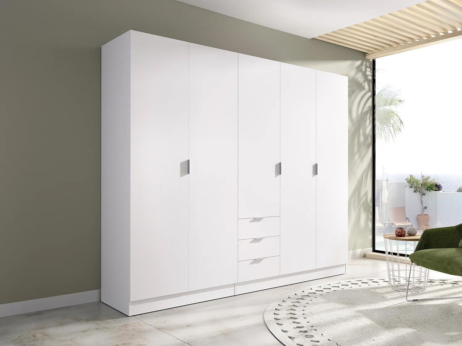Armoire 5 portes et 3 tiroirs - L202 cm - Blanc - LISTOWEL