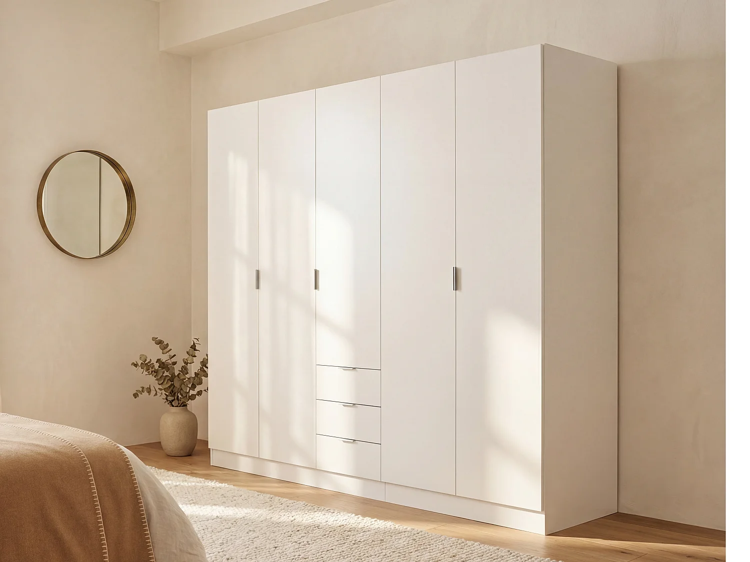 Armoire 5 portes et 3 tiroirs - L202 cm - Blanc - LISTOWEL