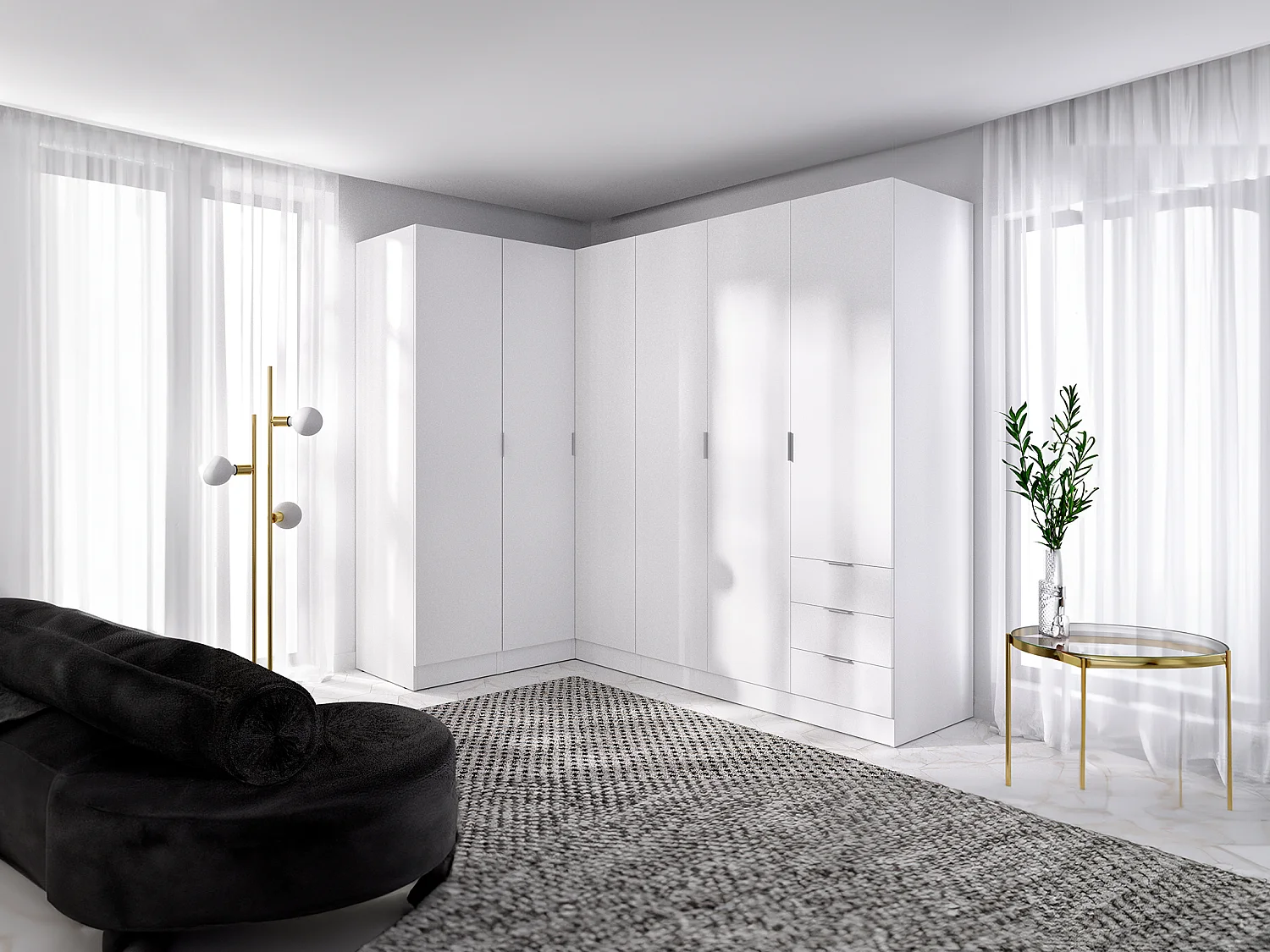 Armoire d'angle 6 portes et 3 tiroirs - L213 cm - Blanc - LISTOWEL