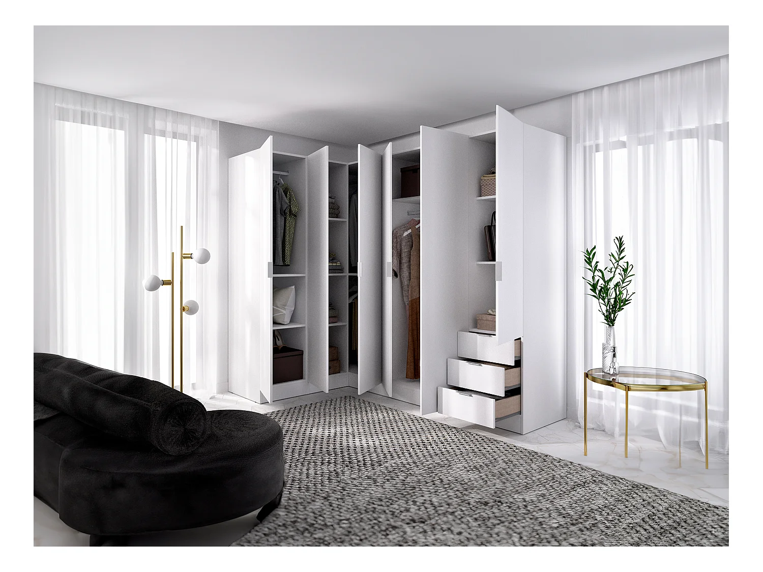 Armoire d'angle 6 portes et 3 tiroirs - L213 cm - Blanc - LISTOWEL