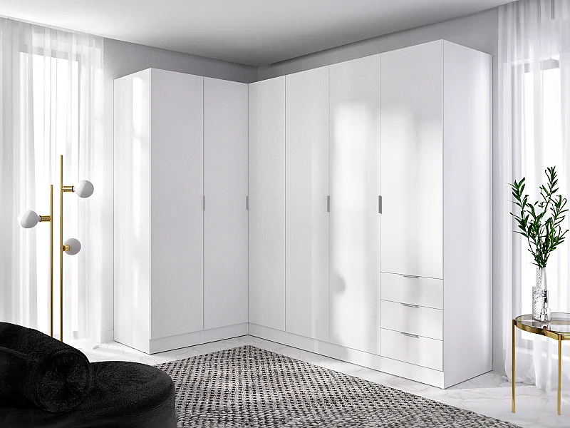 Armoire d'angle 6 portes et 3 tiroirs - L213 cm - Blanc - LISTOWEL