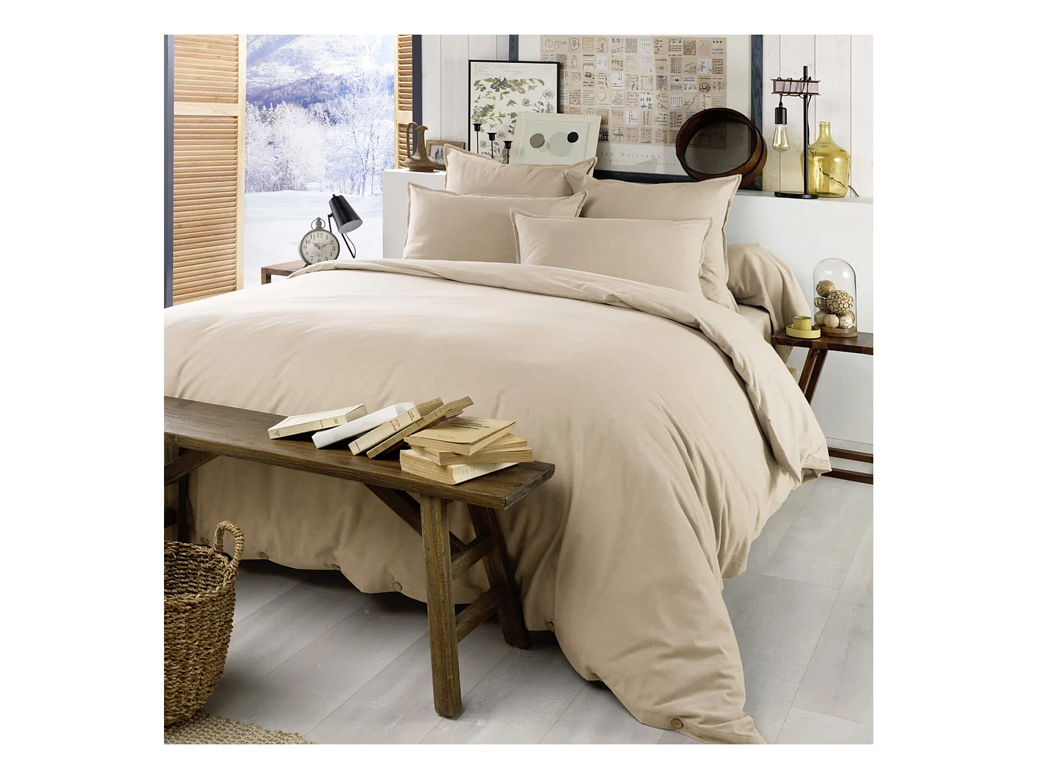 Parure de lit flanelle beige 140x200 cm