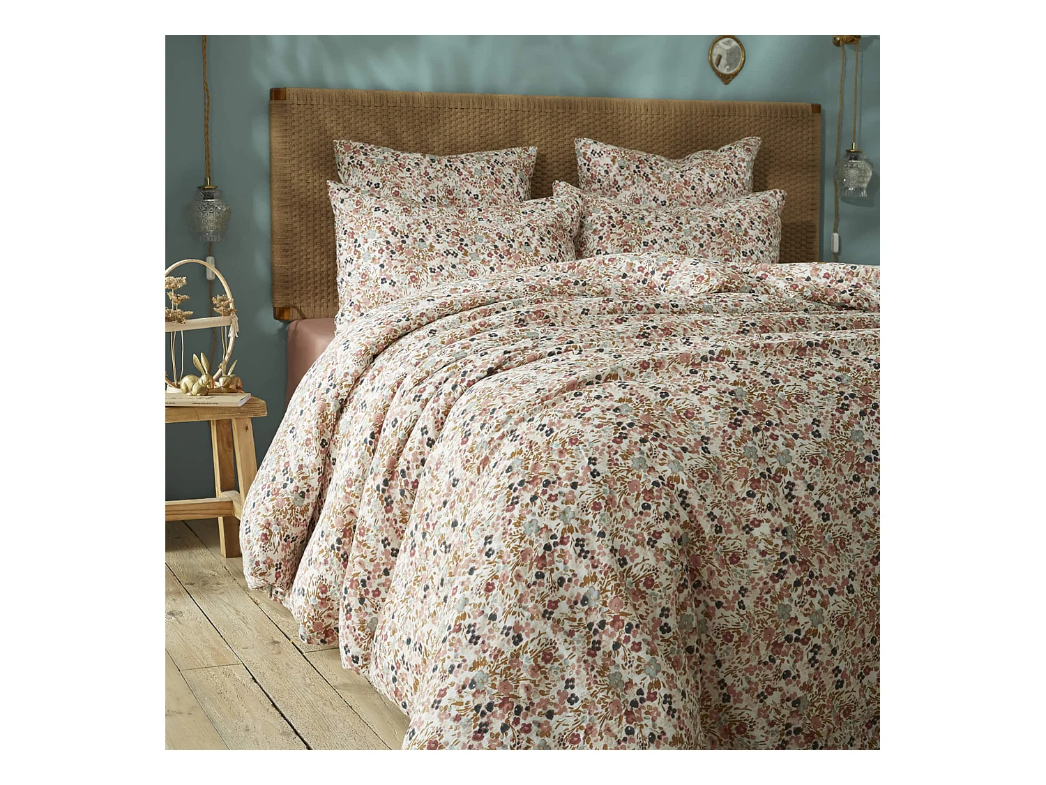 Parure de lit gaze de coton imprimé floral 260x240 rose