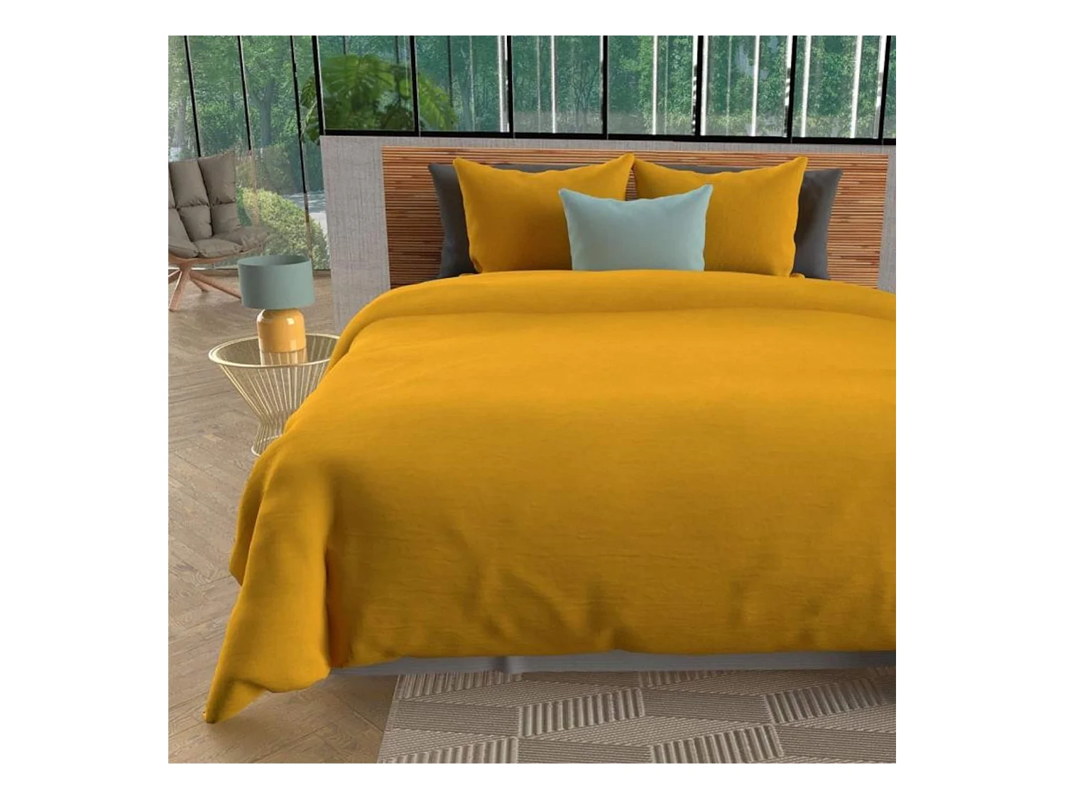 Parure de lit unie Bohème moutarde 240x220 cm