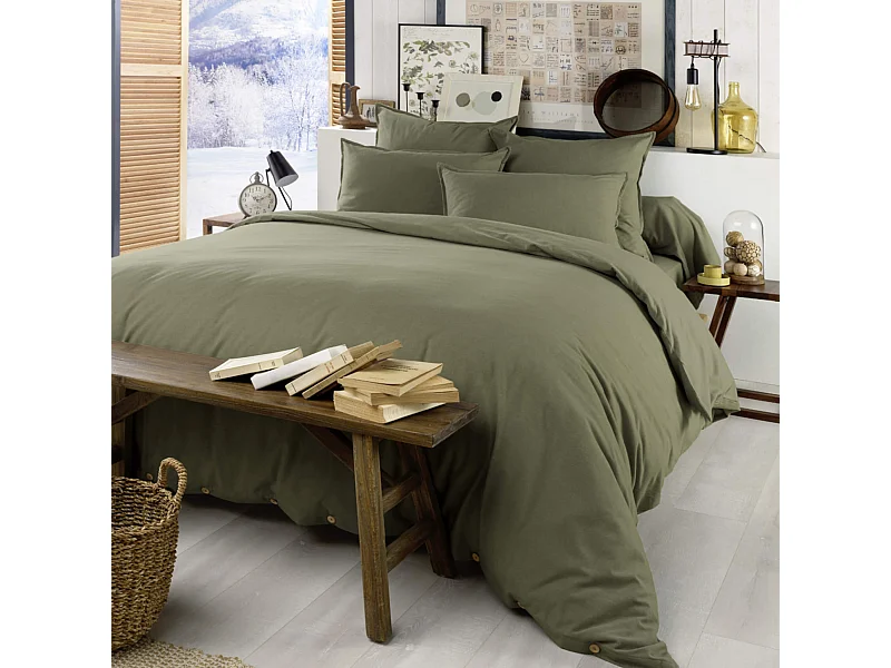 Parure de lit flanelle kaki 240x220