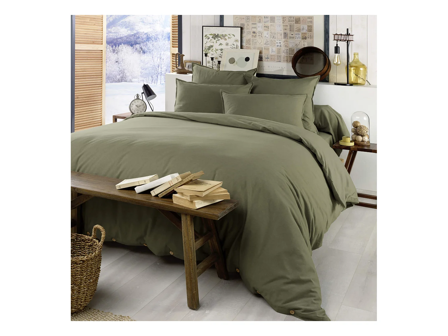 Parure de lit flanelle kaki 240x220