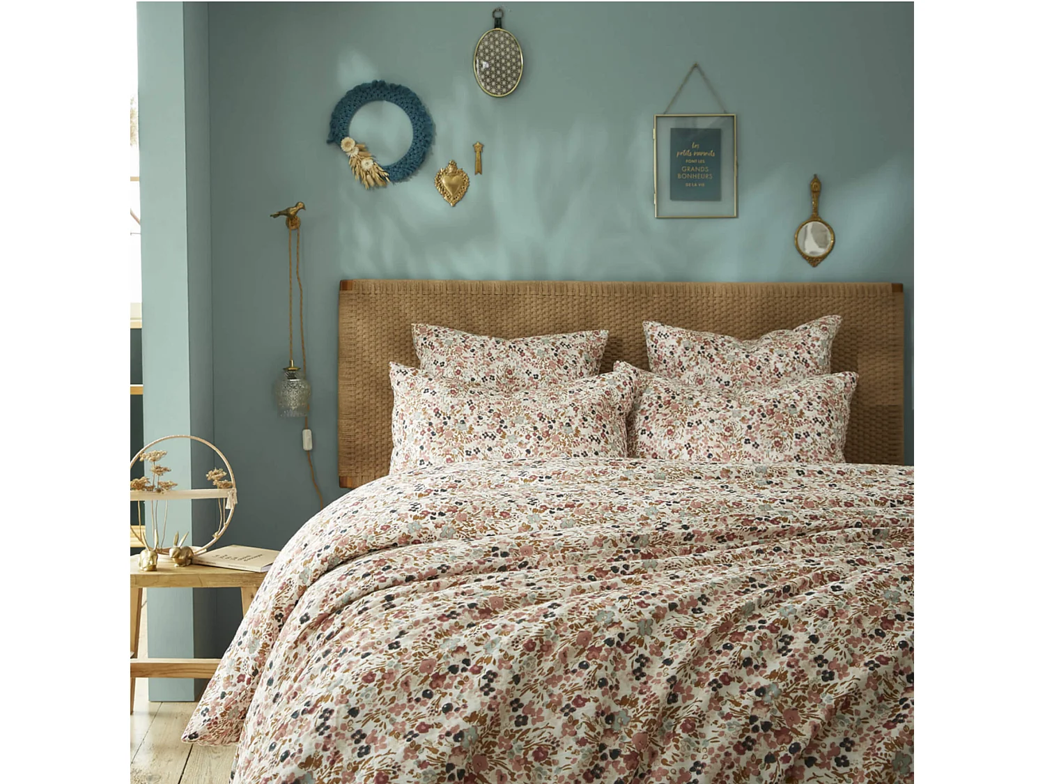 Parure de lit gaze de coton imprimé floral 240x220 rose