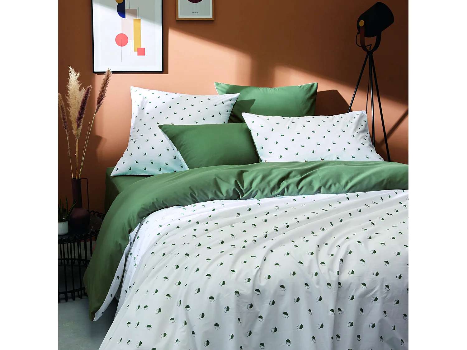 Parure de lit percale Alex kaki 140x200 cm - Tradilinge