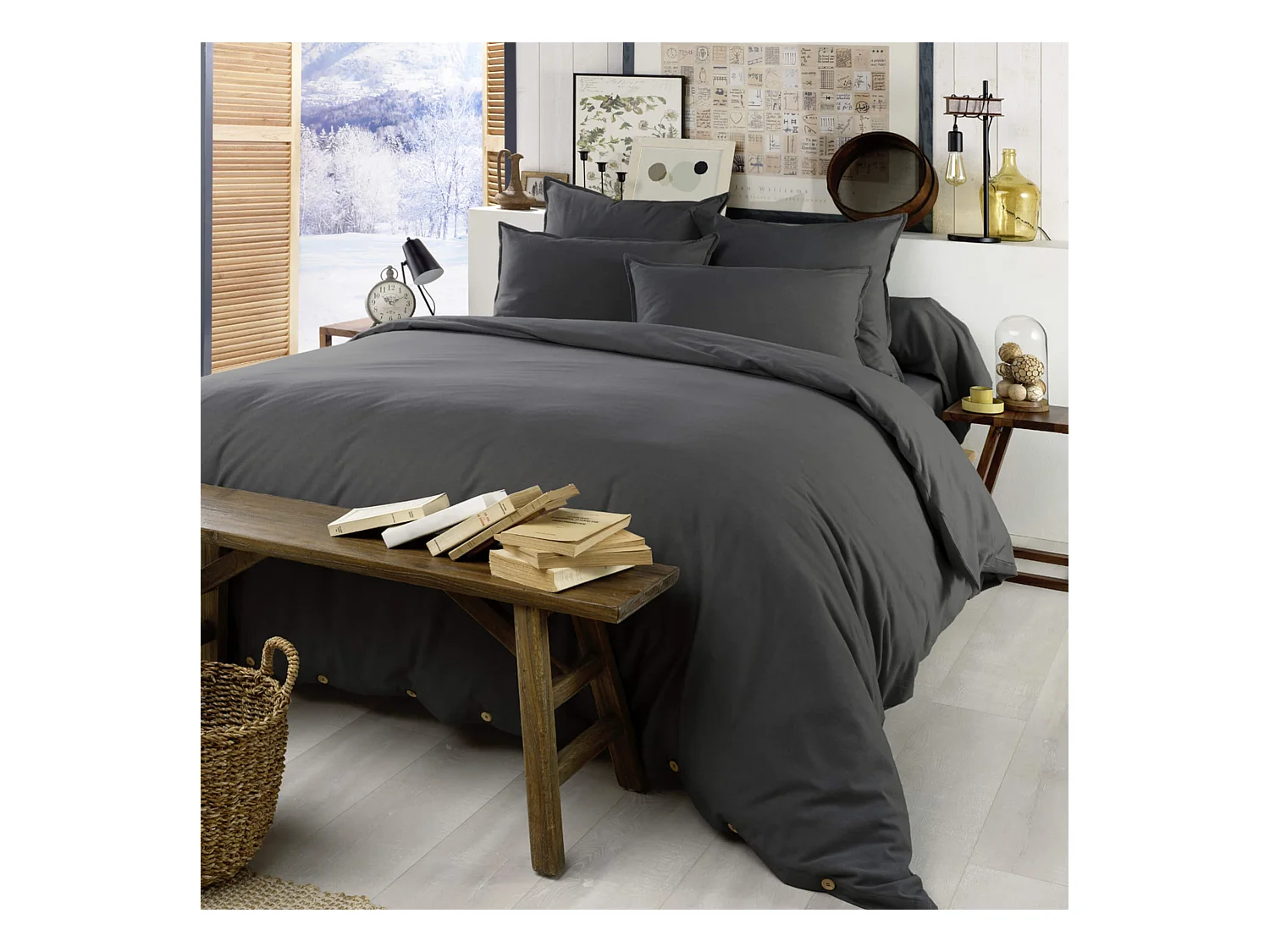 Parure de lit flanelle anthracite 200x200 cm