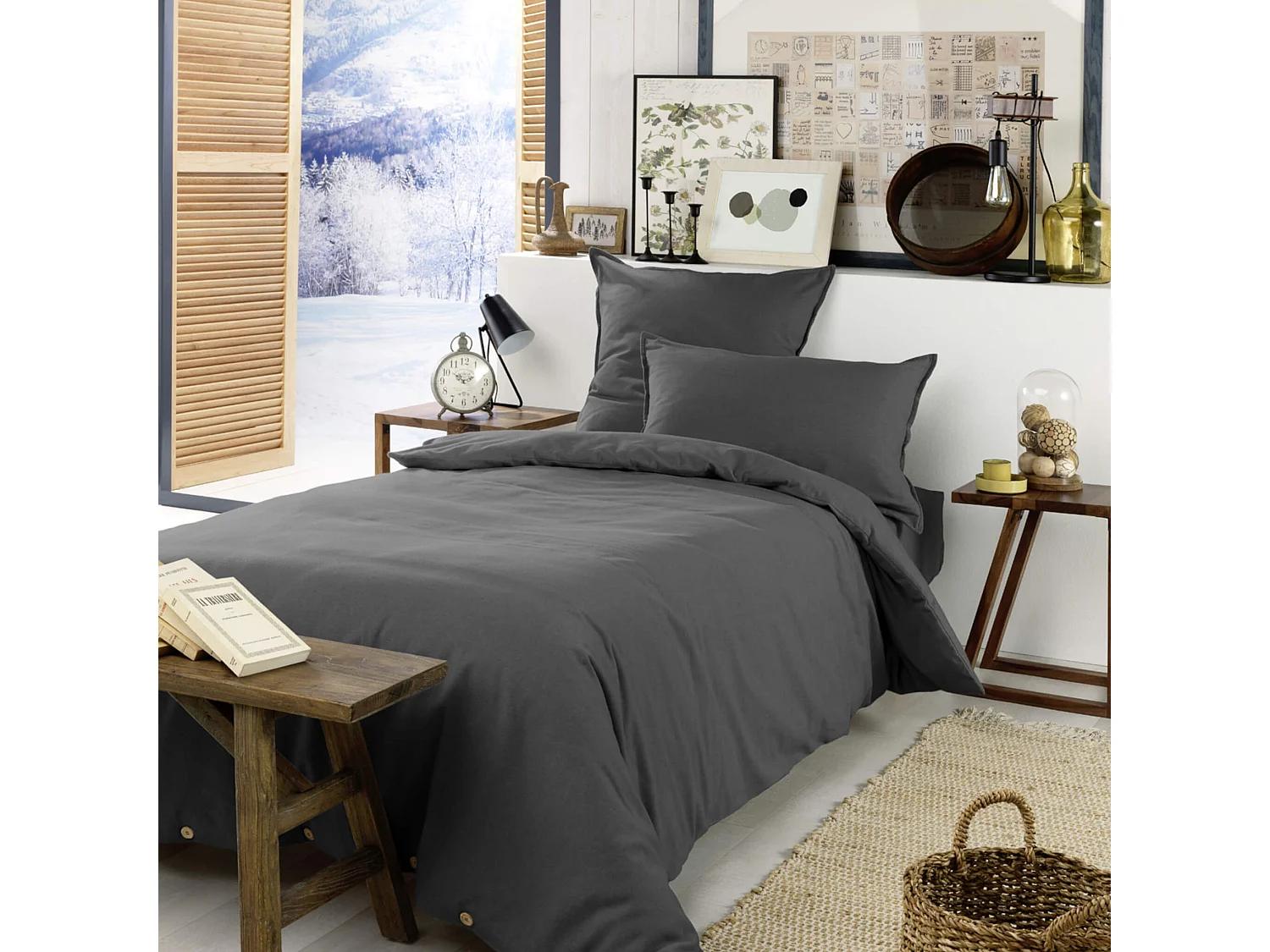 Parure de lit flanelle anthracite 200x200 cm