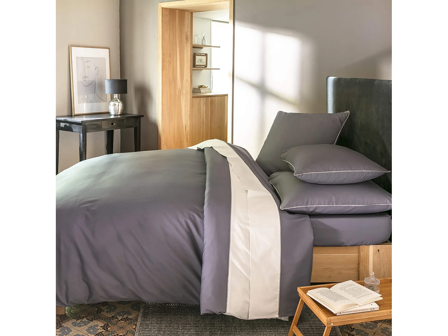 Parure de lit percale Sydney gris 260x240 cm