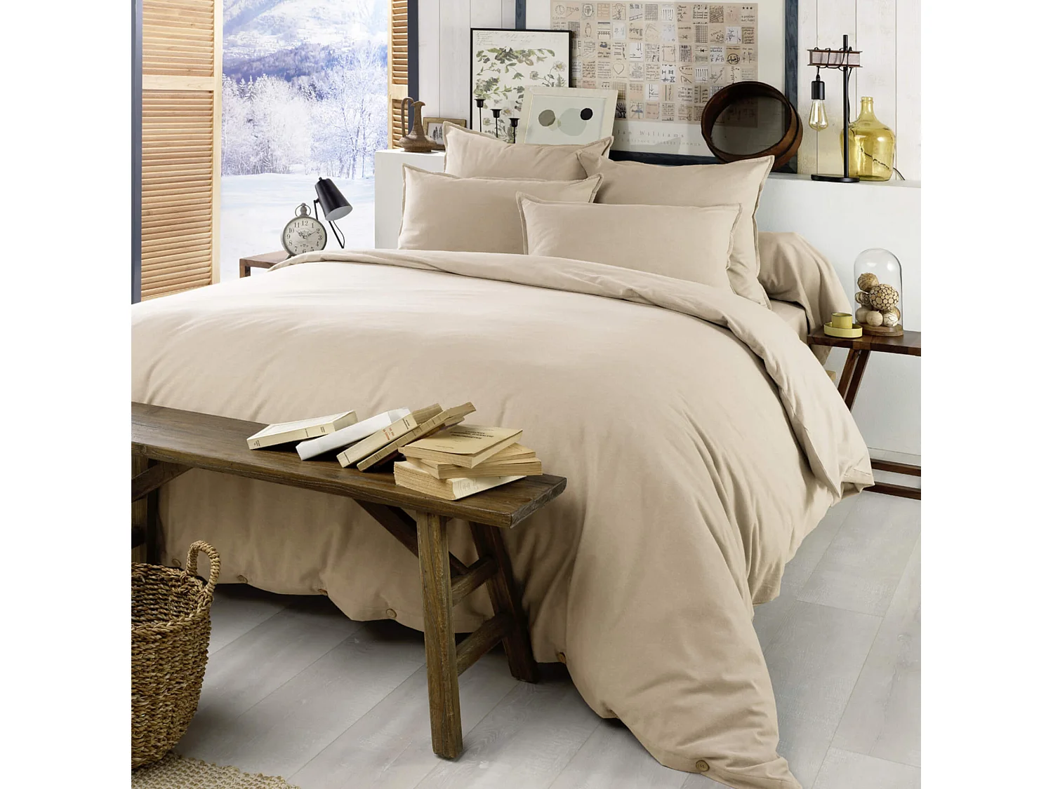 Parure de lit flanelle beige 240x220 cm