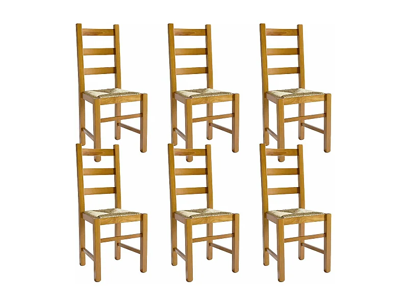 ORTA - Lot de 6 Chaises Teinté Chêne et Assises en Paille