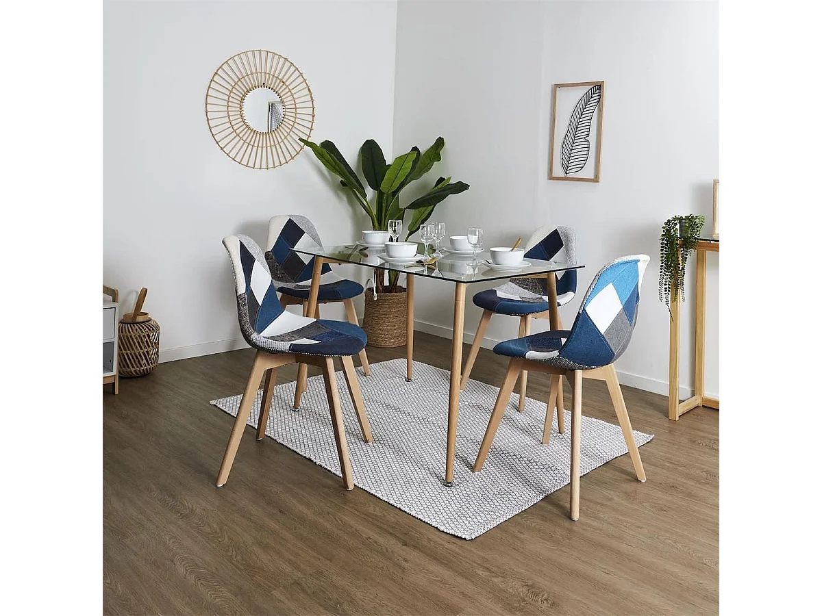 DAMAS - Lot de 6 Chaises Patchwork Bleu et Gris