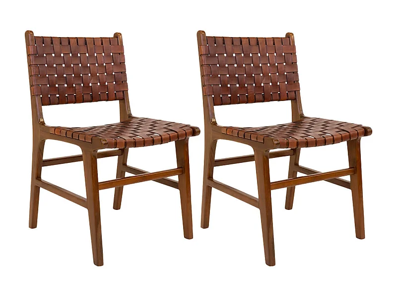 RIMINI - Lot de 2 Chaises en Teck et Lanières Cuir Marron