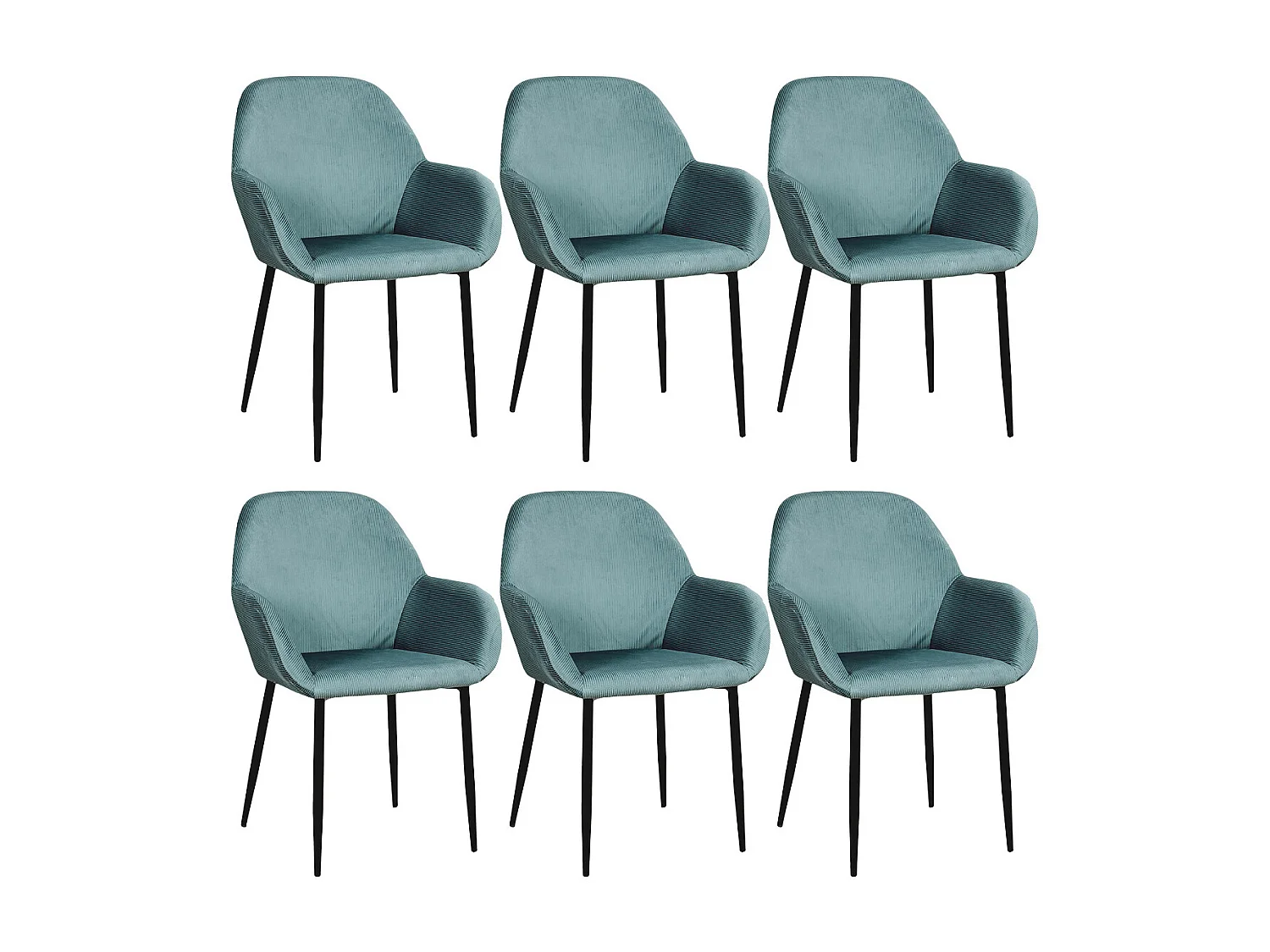 ALESSIA - Lot de 6 Fauteuils Velours Côtelé Bleu Canard