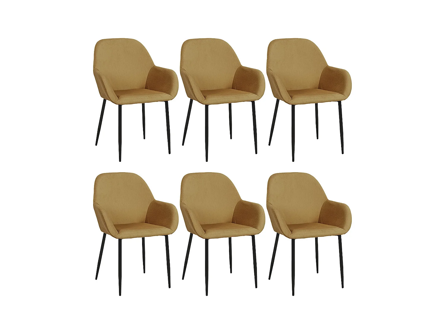 ALESSIA - Lot de 6 Fauteuils Velours Côtelé Jaune Moutarde