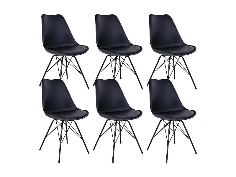 HAGA - Lot de 6 Chaises Noires avec Piétement Métallique