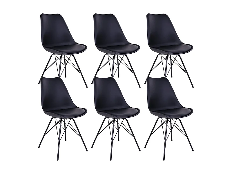 HAGA - Lot de 6 Chaises Noires avec Piétement Métallique