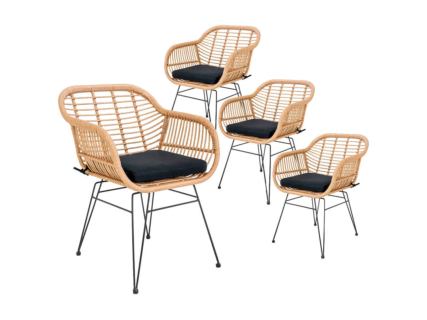 PILA - Lot de 4 Fauteuils Rotin Synthétique Naturel et Pieds Acier